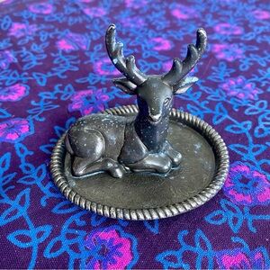 SILVERTONED ANTLERED DEER TRINKET TRAY/ BUCK DEER/COIN TRAY/ 3 1/4 wide / 3"tall